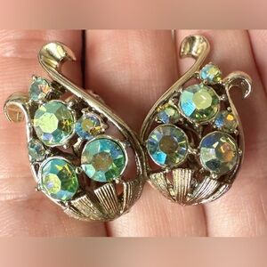 VTG Coro Gold and Green AB Clip-On Earrings Harp Tulip Flower Rhinestone